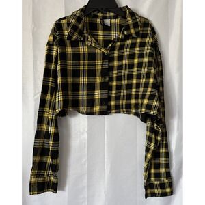 H&M Divided Womens Shirt M Black and Yellow Plaid‎ Cropped Blouse Top